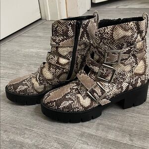 Women’s Snake-Print Buckle Combat Boots - Taupe/Black